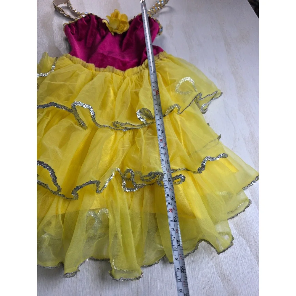 Kids Dance Tutu Leotard Dress Velvet Sequin Fairy Ballet Costume Magenta Yellow